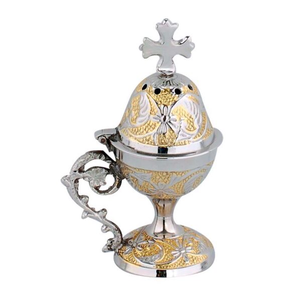 Brass Incense Burner Nickel and Brass (14cm) with handle Christian Artefact and free Gifts.