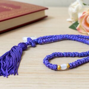 Prayer Rope 100 Knots in purple cord with white gold-accented beads and tassel Orthodox komboskini