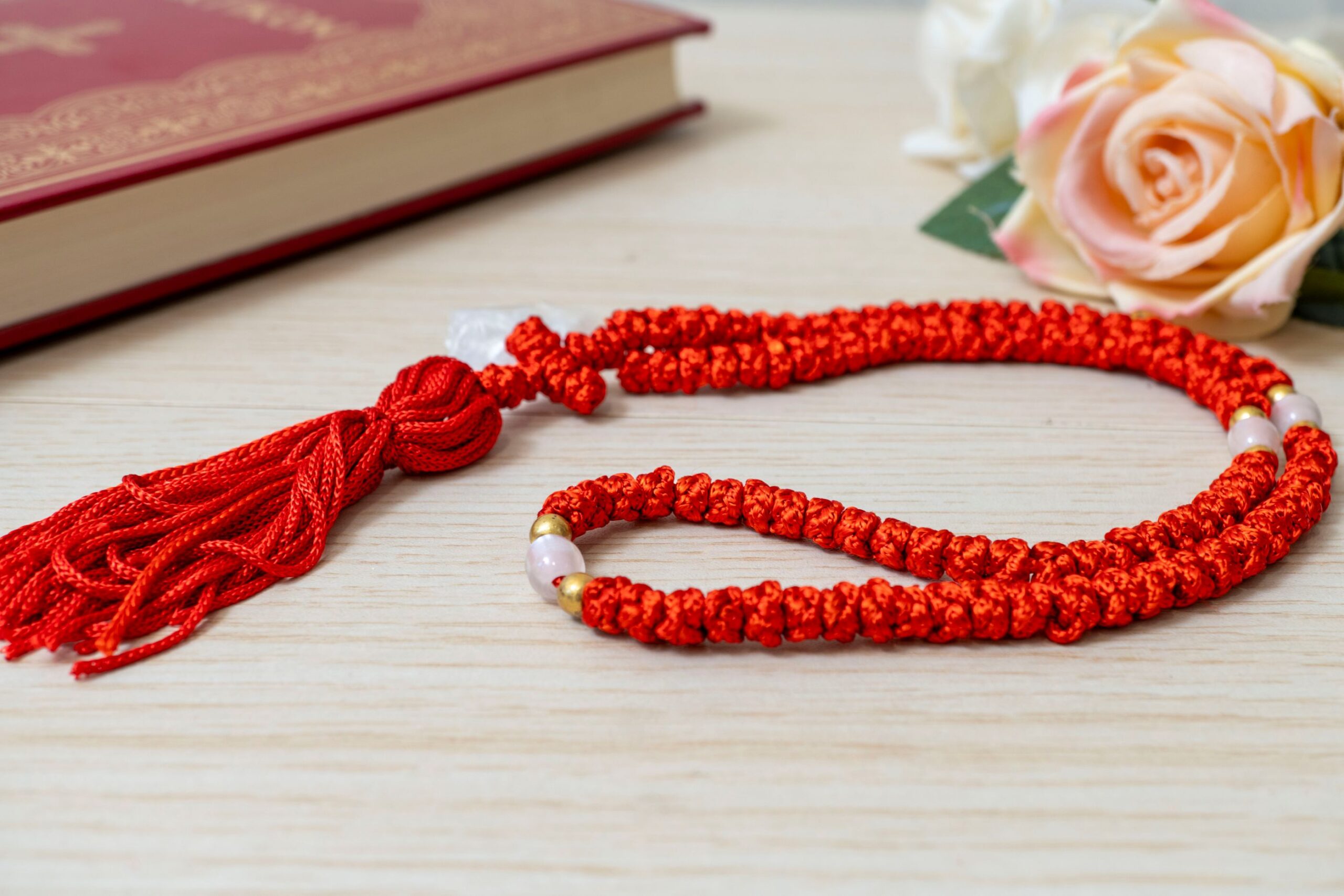 Prayer Rope 100 Knots in red cord with pearl beads and tassel Orthodox komboskini
