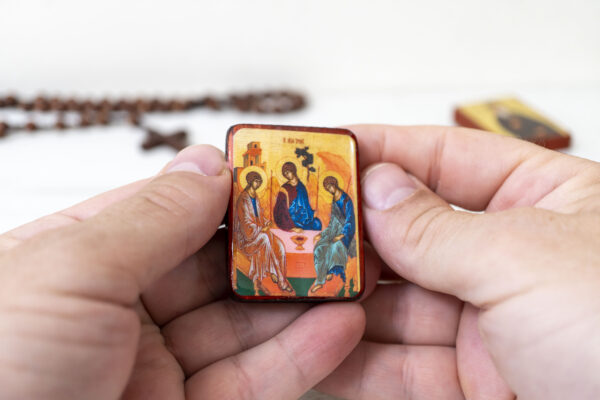 Holy Trinity The Hospitality of Abraham Miniature Handmade Wooden Icon so small that you always have it with you .