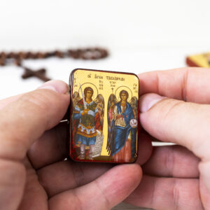 Saint Michael and Saint Gabriel Miniature Handmade Wooden Icon so small that you always have it with you