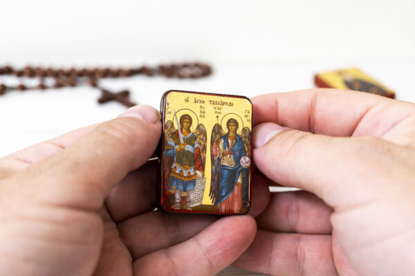 Saint Michael and Saint Gabriel Miniature Handmade Wooden Icon so small that you always have it with you