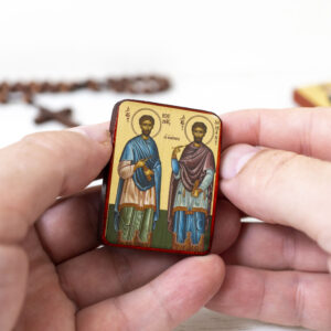 Saints Cosmas and Damian Miniature Handmade Wooden Icon so small that you always have it with you