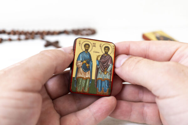 Saints Cosmas and Damian Miniature Handmade Wooden Icon so small that you always have it with you