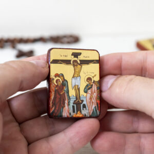 The Crucifixion of Jesus Miniature Handmade Wooden Icon so small that you always have it with you .