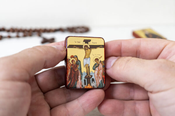 The Crucifixion of Jesus Miniature Handmade Wooden Icon so small that you always have it with you .