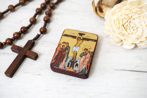 The Crucifixion of Jesus Miniature Handmade Wooden Icon so small that you always have it with you . - Image 2