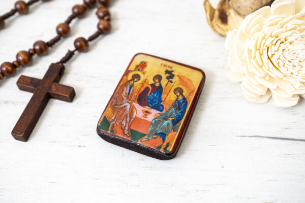 Holy Trinity The Hospitality of Abraham Miniature Handmade Wooden Icon so small that you always have it with you . - Image 2