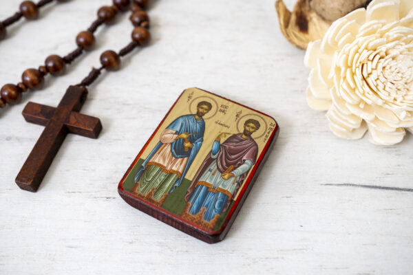 Saints Cosmas and Damian Miniature Handmade Wooden Icon so small that you always have it with you - Image 3