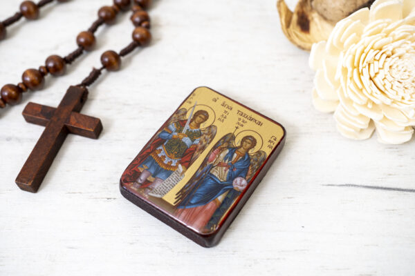 Saint Michael and Saint Gabriel Miniature Handmade Wooden Icon so small that you always have it with you - Image 3