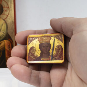 Archangel Michael Taxiarchis Miniature Handmade Wooden Icon so small that you always have it with you .