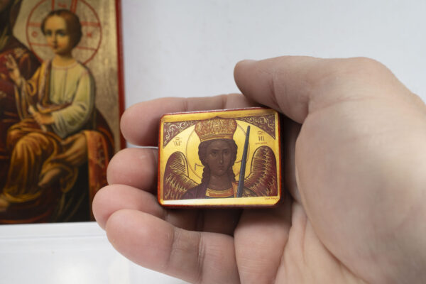 Archangel Michael Taxiarchis Miniature Handmade Wooden Icon so small that you always have it with you .