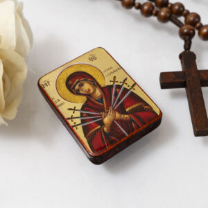 Virgin Mary of seven Swords Miniature Handmade Wooden Icon so small that you always have it with you