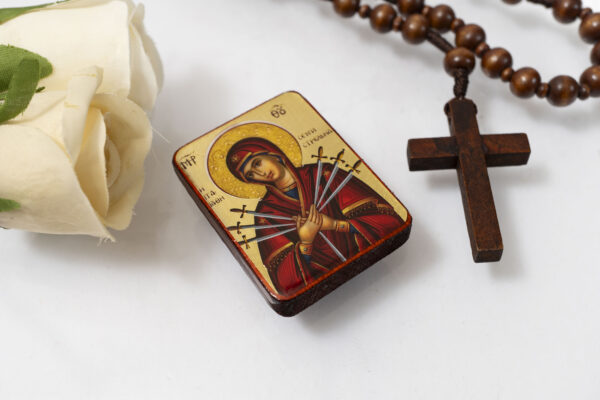 Virgin Mary of seven Swords Miniature Handmade Wooden Icon so small that you always have it with you