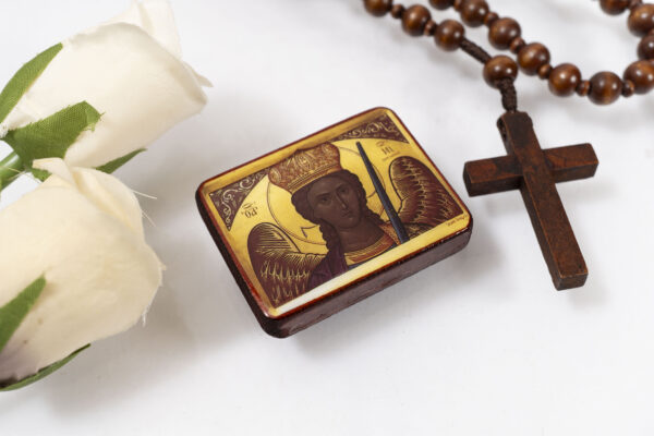 Archangel Michael Taxiarchis Miniature Handmade Wooden Icon so small that you always have it with you . - Image 3