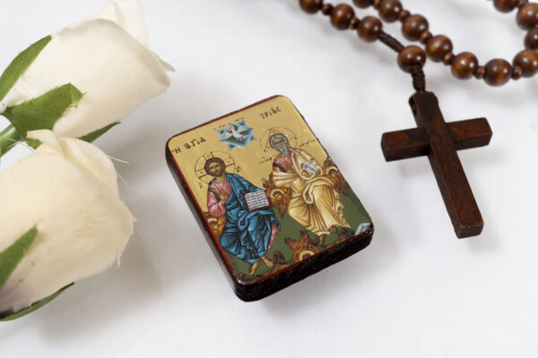 Holy Trinity Miniature Handmade Wooden Icon so small that you always have it with you .