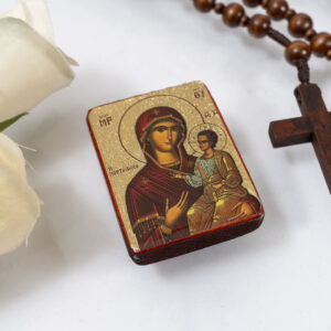 Theotokos Portaitissa Miniature Handmade Wooden Icon so small that you always have it with you .