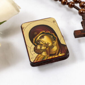 Virgin Mary sweet kisses Miniature Handmade Wooden Icon so small that you always have it with you .