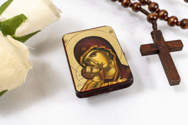Virgin Mary sweet kisses Miniature Handmade Wooden Icon so small that you always have it with you .