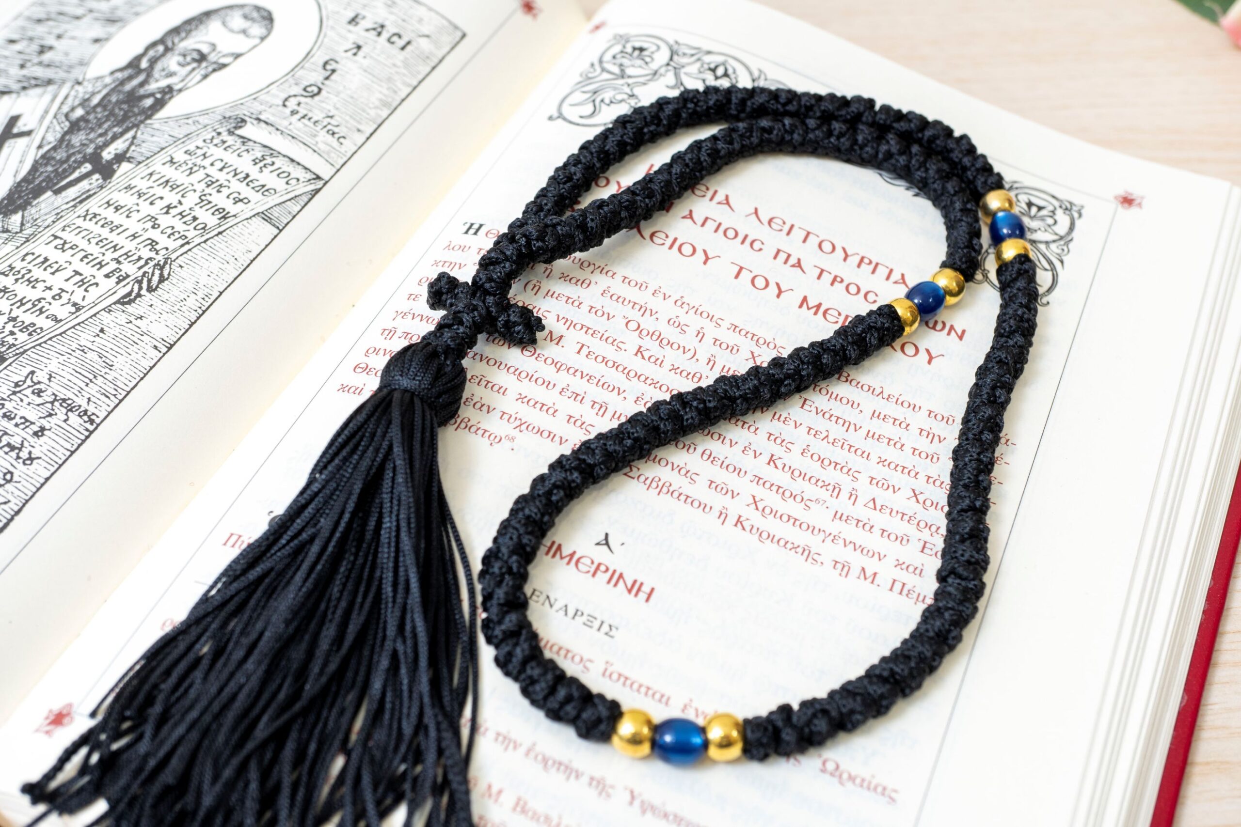 Prayer Rope 100 Knots in classic black cord with blue beads and tassel Orthodox komboskini