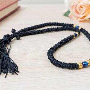 Prayer Rope 100 Knots in classic black cord with blue beads and tassel Orthodox komboskini