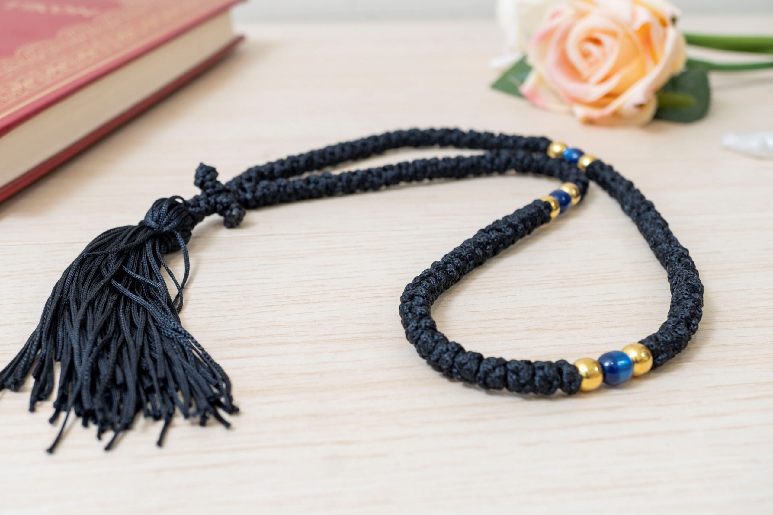 Prayer Rope 100 Knots in classic black cord with blue beads and tassel Orthodox komboskini