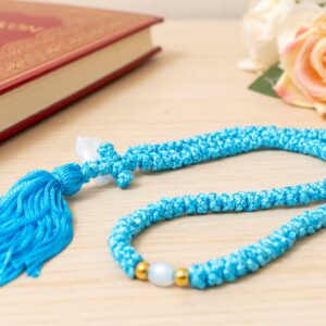 Prayer Rope 100 Knots in light blue cord with pearl beads and tassel Orthodox komboskini