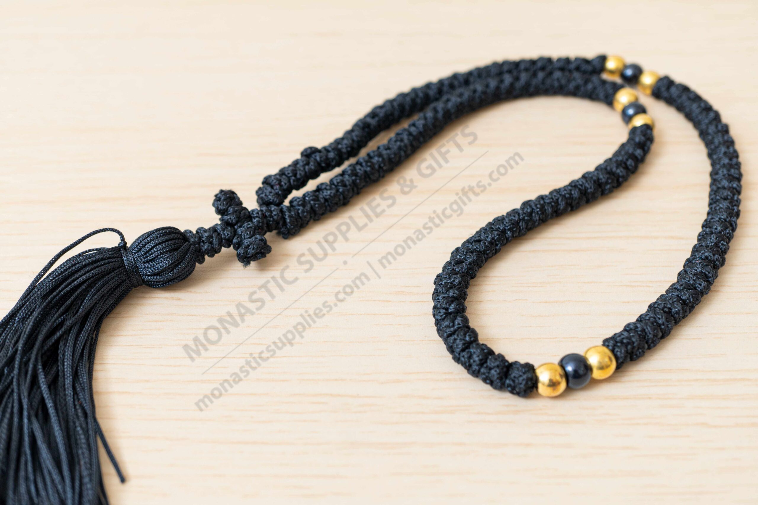 Prayer Rope 100 Knots in black cord with black beads and tassel Orthodox komboskini