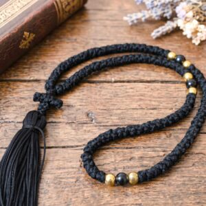 Prayer Rope 100 Knots in black cord with black beads and tassel Orthodox komboskini