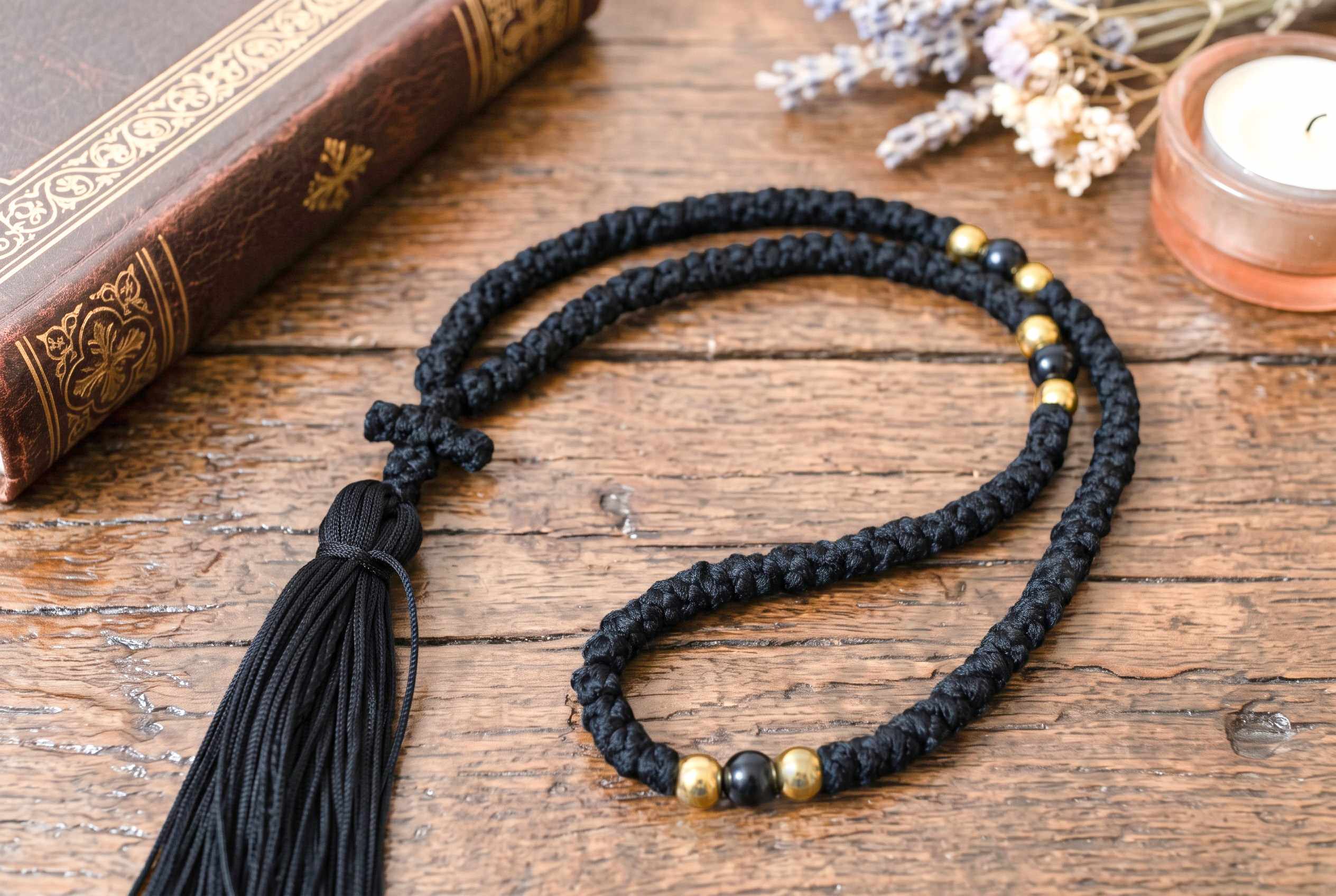 Prayer Rope 100 Knots in black cord with black beads and tassel Orthodox komboskini