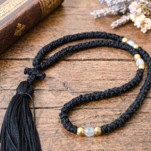 Authentic Prayer Rope 100 Knots black with white and gold beads